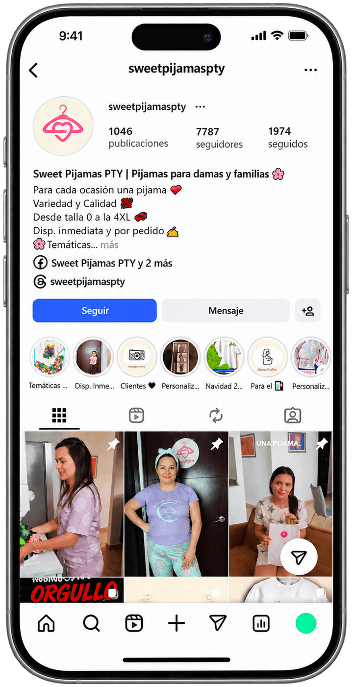 Perfil de Instagram @sweetpijamaspty visto desde un iPhone